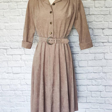 Vintage A-Line Dress // 80s does 40s Faux Suede Belted 