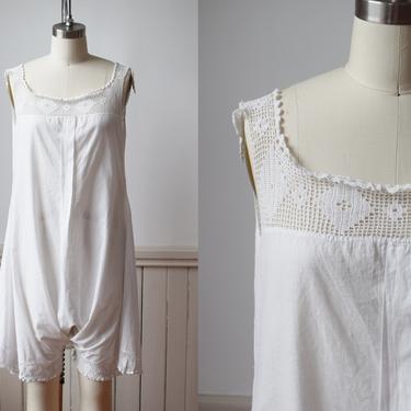 Antique Cotton  + Crochet Combination / One Piece Chemise | Edwardian 1900s Step-In/Romper | Lingerie | Loungewear M/L 