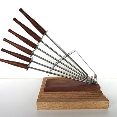 Mid Century Modern 7 Piece Fondue Fork Set With Stand, Colorful Stainless And Teak Fondue Forks From Japan 