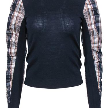 Veronica Beard - Navy Puff Sleeve "Adler Mixed Media" Wool Sweater w/ Plaid Trim Sz XS