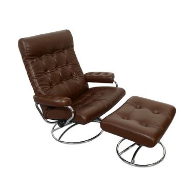 Brown Leather Ekornes Stressless Reclining Chair &amp; Ottoman Norway Mid Century Modern 