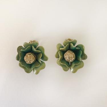 Light Green Floral/Succulent Enamel Painted Earrings - 1960s - By Coro 