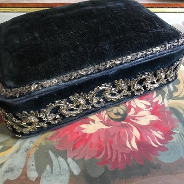 French Velvet Silver Boudoir Box, Silk Interior, Dresser, Jewelry Case, 