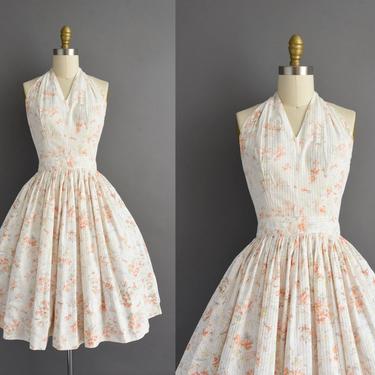 1950s vintage dress | Gorgeous White Cotton Orange & Gray Floral Print Full Skirt Summer Halter Dress | Small | 50s dress 