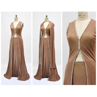 70s Brown Rhinestone Top and Maxi skirt Evening Gown Dress Brown Rhinestone Dress Medium// 70s Vintage Brown Rhinestone Evening Gown Dress 