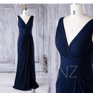 Formal Dress Women V Neck Navy Blue Long Evening Dress Ruched Fitted Bridesmaid Dress with Slit (G193) 