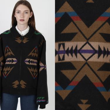 Pendleton Jacket / Vintage Southwestern Blanket Jacket / Native American Black Wool Aztec Print Jacket / Unisex Mens Womens Bomber Coat M 