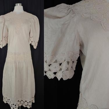 Vintage Eighties Size 10 Linen Cache Capriccio by Digna - 80s Linen and Lace Drop Waist Puffy Sleeve Dress 
