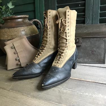 Antique 1900s Boot, Wood Spats, Edwardian Victorian, Two Tone Spats Black Leather High Lace Up Ankle Boots 