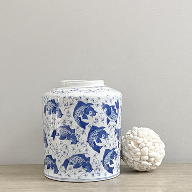 Chinese Koi Fish Vase Blue White Porcelain Chinoiserie Decor 