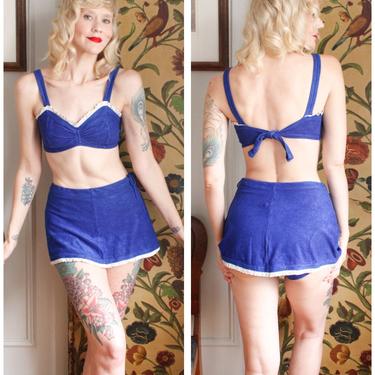 1940s Swimsuit // Jantzen 2pc Bright Blue Lastex Bikini // vintage 40s bathing suit 