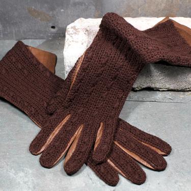 RARE Vintage Stretchies Italian Leather and Wool Opera Gloves - Brown Cable Knit Wool Backs with Soft Leather Palms | Free Shipping 