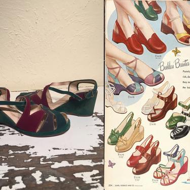 Butterfly Colours - Vintage 1940s Forest Green Indigo Burgundy Nubuck Leather Swing Sandal Shoes 