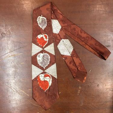Vintage 1950s Brown and Orange Leaf Print Rockabilly Swing Tie, 1940s Tie, 1950s Tie, Vintage Shirt, Vintage Tie, Vintage Clothing 