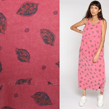 90s Jumper Dress Leaf Print Sundress Grunge Pink Dress Maxi Boho Floral Sun 1990s Jumper High Waist Vintage Sleeveless Hippie Medium Large by ShopExile