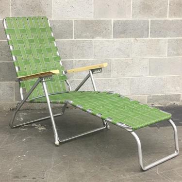 Vintage Lawn Chaise Lounge Retro 1970s Duralite + Green and Silver + Webbed + Aluminum Frame + Patio Furniture + Folds Up + Outdoor Seating 