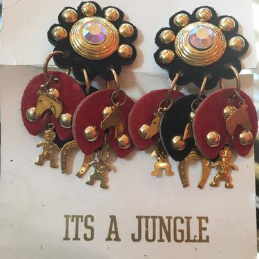 vintage 1980s earrings, western style, statement earrings, horses, cowboys, horseshoes, red leather earrings, huge clip ons, its a jungle 