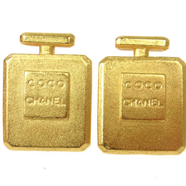 Vintage 90's CHANEL COCO Logo PERFUME Parfum Bottle Large Gold Metal Earrings Jewelry Clip on - Wow!! Collectors Item!! 