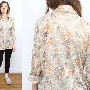 Vintage 70's Gray Feather Nylon Button Up Blouse / 1970's Pointed Collar Novelty Print Top / Disco / Feathers / Women's Size Small - Medium by Ru