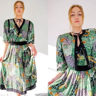 Vintage 80s Diane Freis Silk Green Leopard & Jewel Print Three Piece Dress Set | 100% Silk | Quilted Bolero, Belt | 1980s Designer Dress Set 