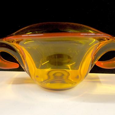 Tiffin Empress Glass Ram’s Head Bowl Persimmon Red and Yellow Mid Century Modern 10&quot; x 6&quot; x 4” Free Shipping 