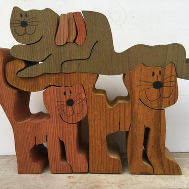 90's Wood Interlocking Cat Sculpture, Handmade Wooden Cats Puzzle, Signed By Artist 1990 