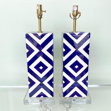 Pair Of Modern Blue And White Chevron Lamps
