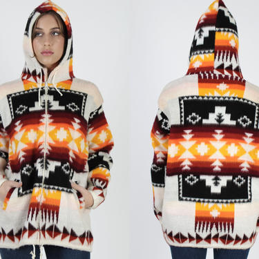 Fuzzy Southwestern Zip Up Jacket / Chief Joseph Print Sweater / Vintage Bright Aztec Native American Hooded Ivory Jacket 