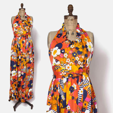 Vintage 60s Maxi DRESS / 1960s Bright Floral Ruffled Halter Dress by luckyvintageseattle