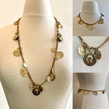 Vintage ROMAN GOLD COIN Novelty Necklace or Chain Belt / Goldtone 30” 