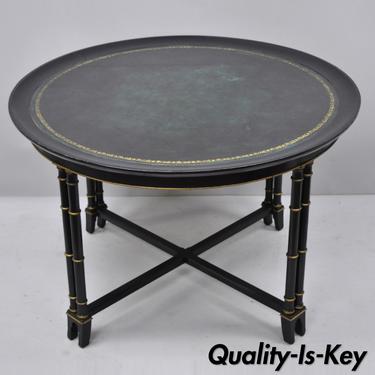 Vtg Green Leather Top Black &amp; Gold Regency Style Faux Bamboo Round Coffee Table