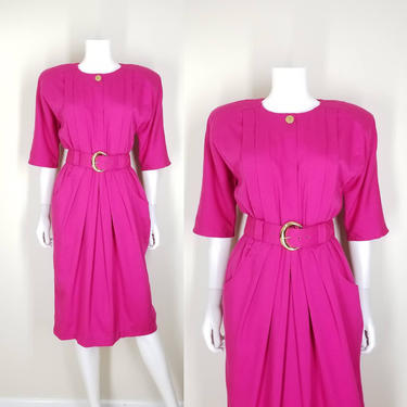 1980s Vintage Bright Pink Dress, Medium ~ Pleated Blouse Belted Day Dress ~ Gathered Curvy Skirt with Pockets ~ Summer Cocktail Party Dress 