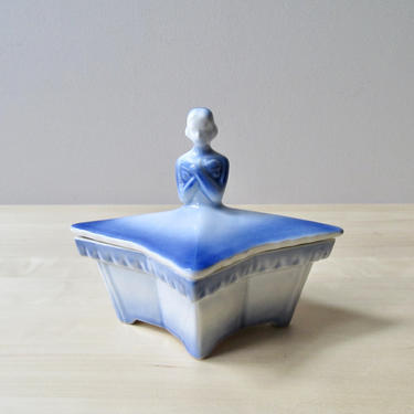 flow blue ceramic dresser box - vintage nude lady trinket box - hairline damage as found 