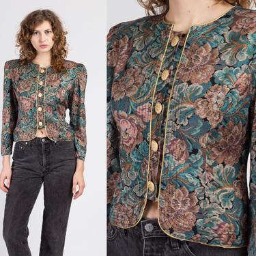 80s Baroque Floral Crop Top - Small | Vintage Long Sleeve Gold Button Front Shirt 