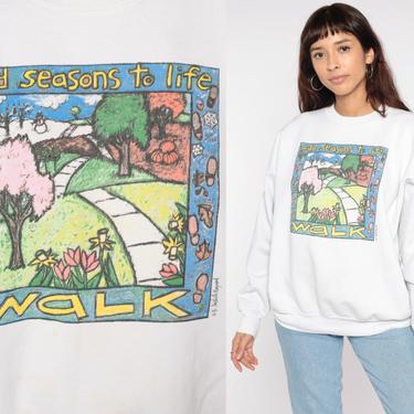 90s Walking Sweatshirt Add Seasons To Life Walk Shirt White Graphic Nature Exercise  Slouchy Crewneck Pullover 80s Vintage Extra Large XL 