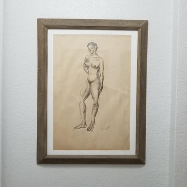 Vintage  Abstract James  Battle Standing Nude Woman Charcoal On Paper Drawing . 