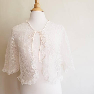1930s White Lace Bed Jacket / 30s Flutter Sleeve Sheer White Cropped Jacket Top Shabby Chic Summer Romantic / Leila 