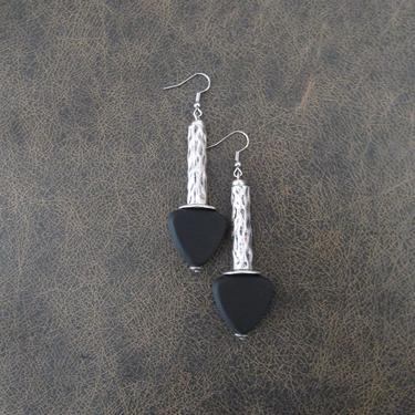 Silver geometric earrings, statement earrings, chunky bold earrings, etched metal earrings, black triangle earrings, modern earrings 