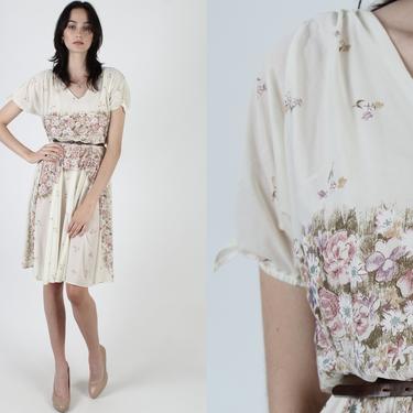Ivory Tie Sleeves Garden Floral Dress / Draped Wildflower Sheer Ivory Dress / Vintage Flowey Full Skirt Sun Mini Midi Dress 