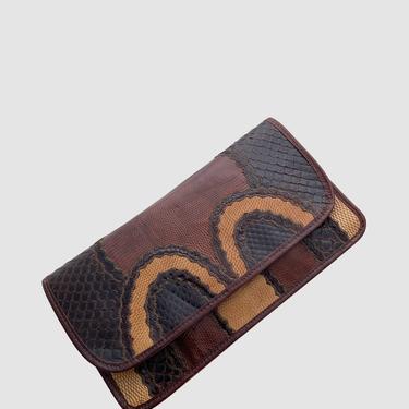 CARLOS FALCHI Vintage 80s Patchwork Leather Clutch | 1980s Exotic Brown Reptile Snake and Lizard Bag Purse | 70s 1970s Deco Designer Handbag 