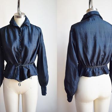 Antique Midnight Blue Silk Shirtwaist Top | Edwardian / Teens / 1910s Black or Dark Blue Blouse | M 