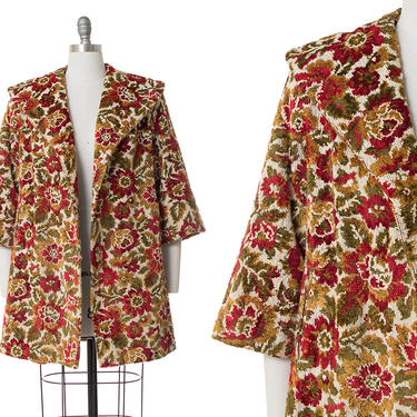 Vintage 1960s Swing Coat | 60s Floral Tapestry Carpet Red Mustard Yellow Green Shawl Collar Jacket (small/medium) 