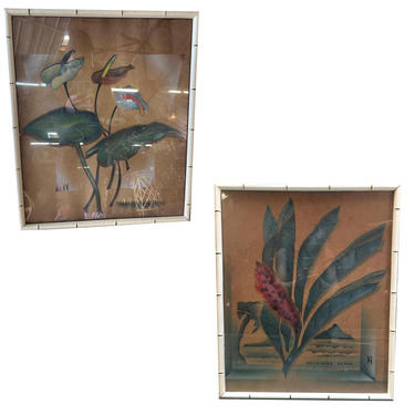 Art Deco Hawaiian &amp;quot;Red Ginger&amp;quot; &amp; &amp;quot;Anthurium Hawaii&amp;quot; Print set in Wood Bamboo Frame 