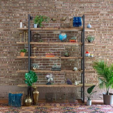 Wall Mounted Shelving Unit or Book Case made of reclaimed wood and steel. 5 Shelves, 11.5" D, 17"D including brackets. 