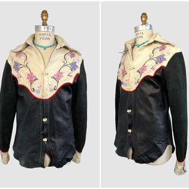 WILKES BASHFORD Vintage 70s Suede & Calfskin Shirt Jacket | 1970s Artisan Hand Painted Tooled Leather | Designer Boho Hippie | Mens Medium 