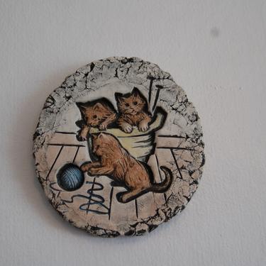 Three Little Brown Kittens Playing in Blue Yarn by Pacific NW Artist Stan Langtwait, Shapes of Clay Mt. St. Helen Ash Garden / Wall Plaque 