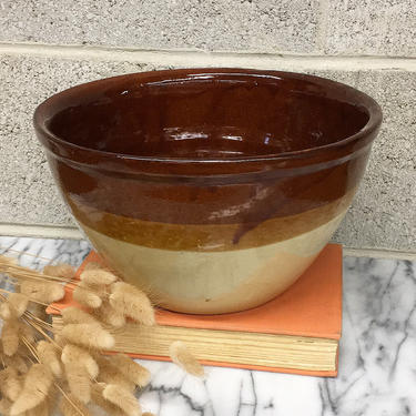 Antique Stoneware Bowl Retro 1940s Large Size + Brown and Tan Striped + Glazed Pottery or Crockery + Mixing Bowl + Cookware + Kitchen Decor 