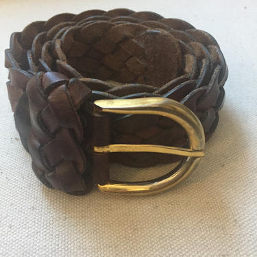Vintage Woven LEATHER BRAIDED Belt with BRASS Buckle 