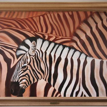 Original Maggie DUVALL ZEBRA PAINTING 44x56&quot; Oil / Canvas, Large Gold Frame Realism Realist Contemporary Art mid-century modern eames era 