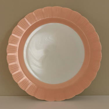 1950s - large pink & white milk glass serving plate with scalloped edging 
